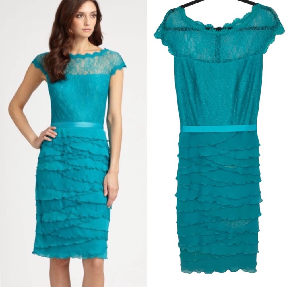 Tadashi shoji lace tiered sheath evening dress.